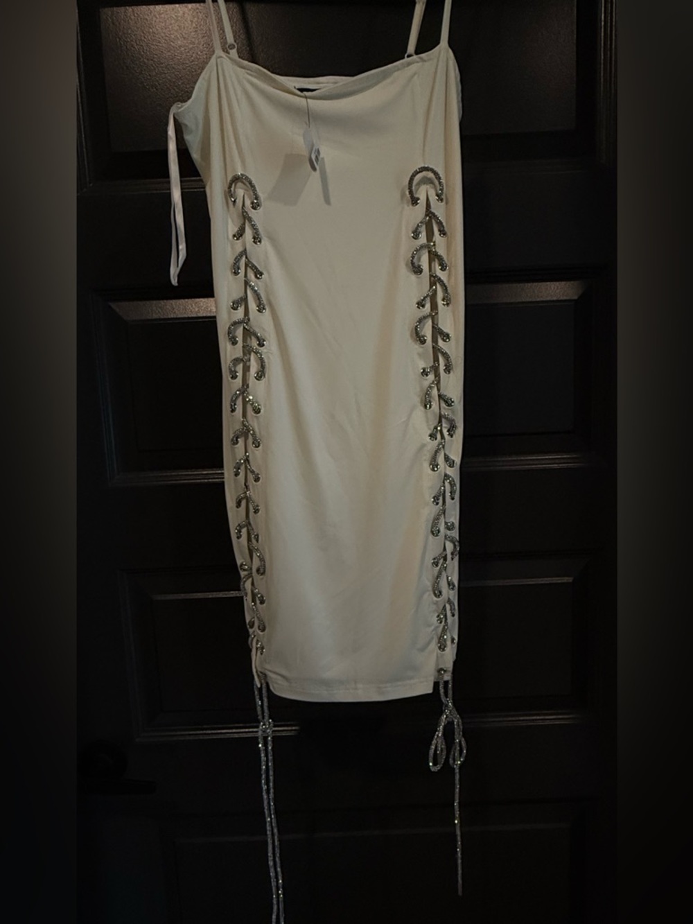 AKIRA Cream Lace-Up Midi Dress with Rhinestone Detail
